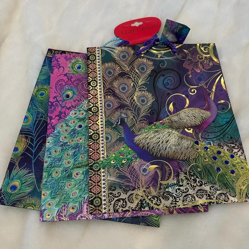 Colorful Peacock Gift Bags Set of 3 x 3 - 9 Bags Total - NWT